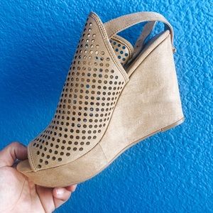 Chinese Laundry tan wedges with peek a boo holes